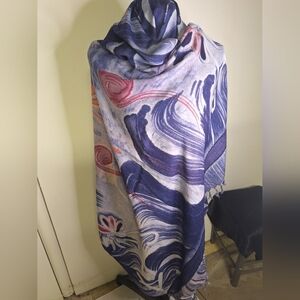 Abstract Wave Pattern Shawl Or Scarf  in Lavender, Navy & Coral 65" X 42"